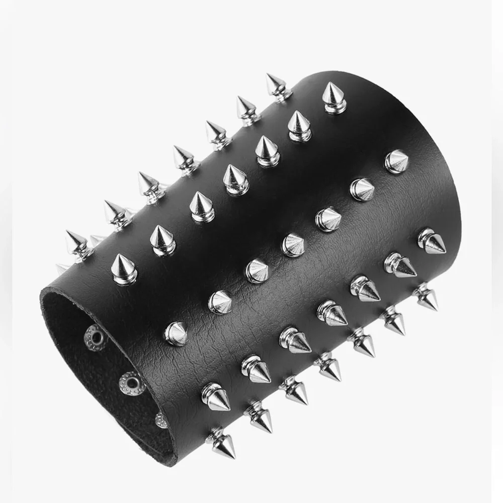 Unisex Black Metal Spike Studded Punk Rock Biker Wide Leather Bracelet 1 Pair